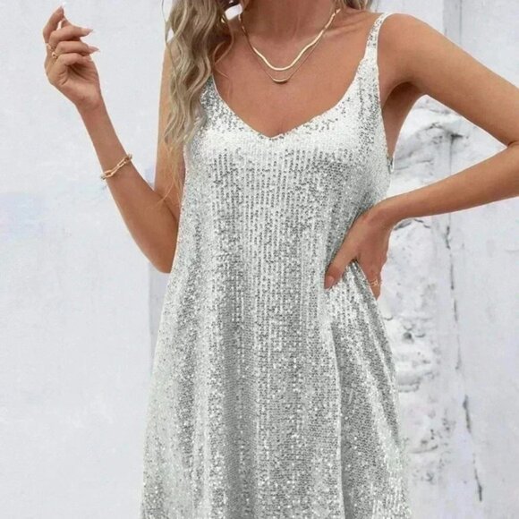 Dresses & Skirts - Silver Sexy Women's Sleeveless Sequin V-Neck Dress